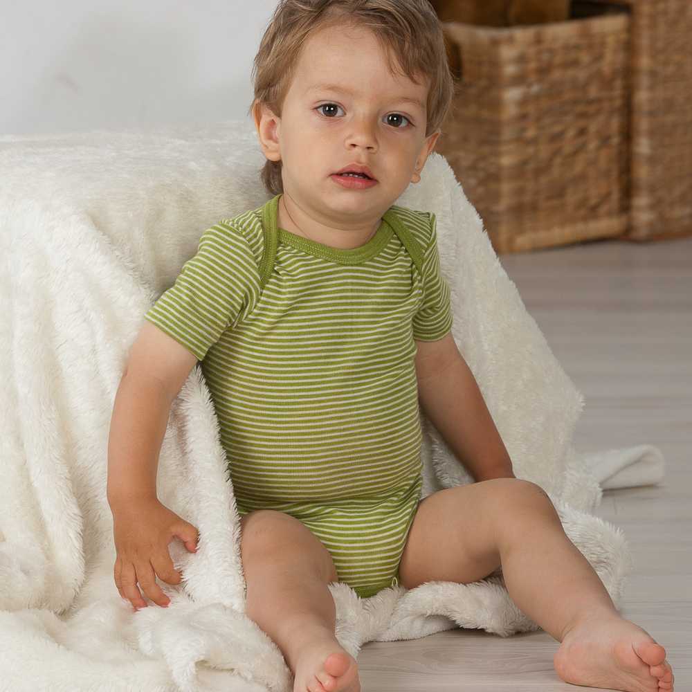 Body bébé Cosilana manches courtes en laine mérinos bio et soie naturelle rayures vert