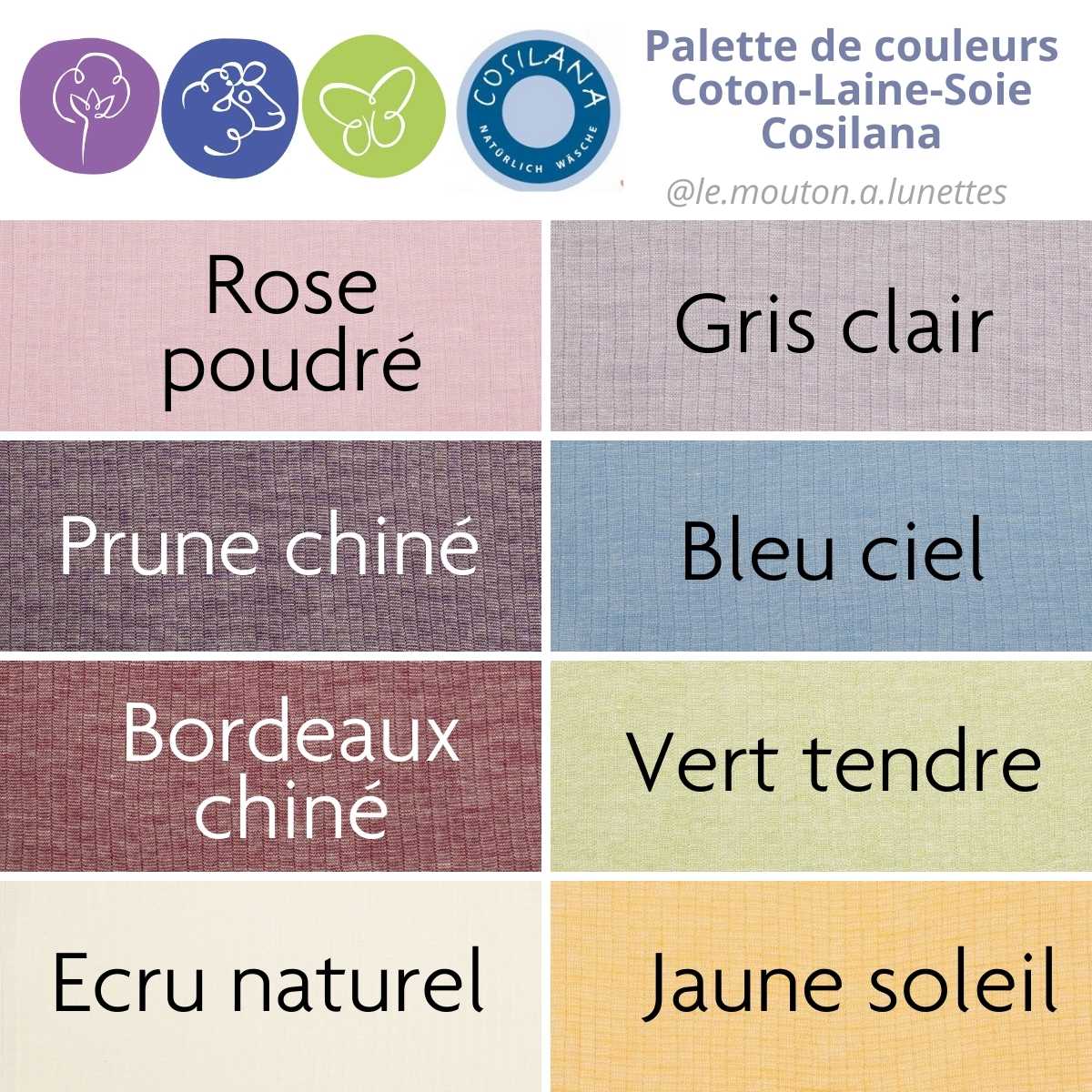 Mélange Cosilana de coton bio laine mérinos et soie naturelle pour enfant et bébé Palette de couleurs le Mouton à Lunettes