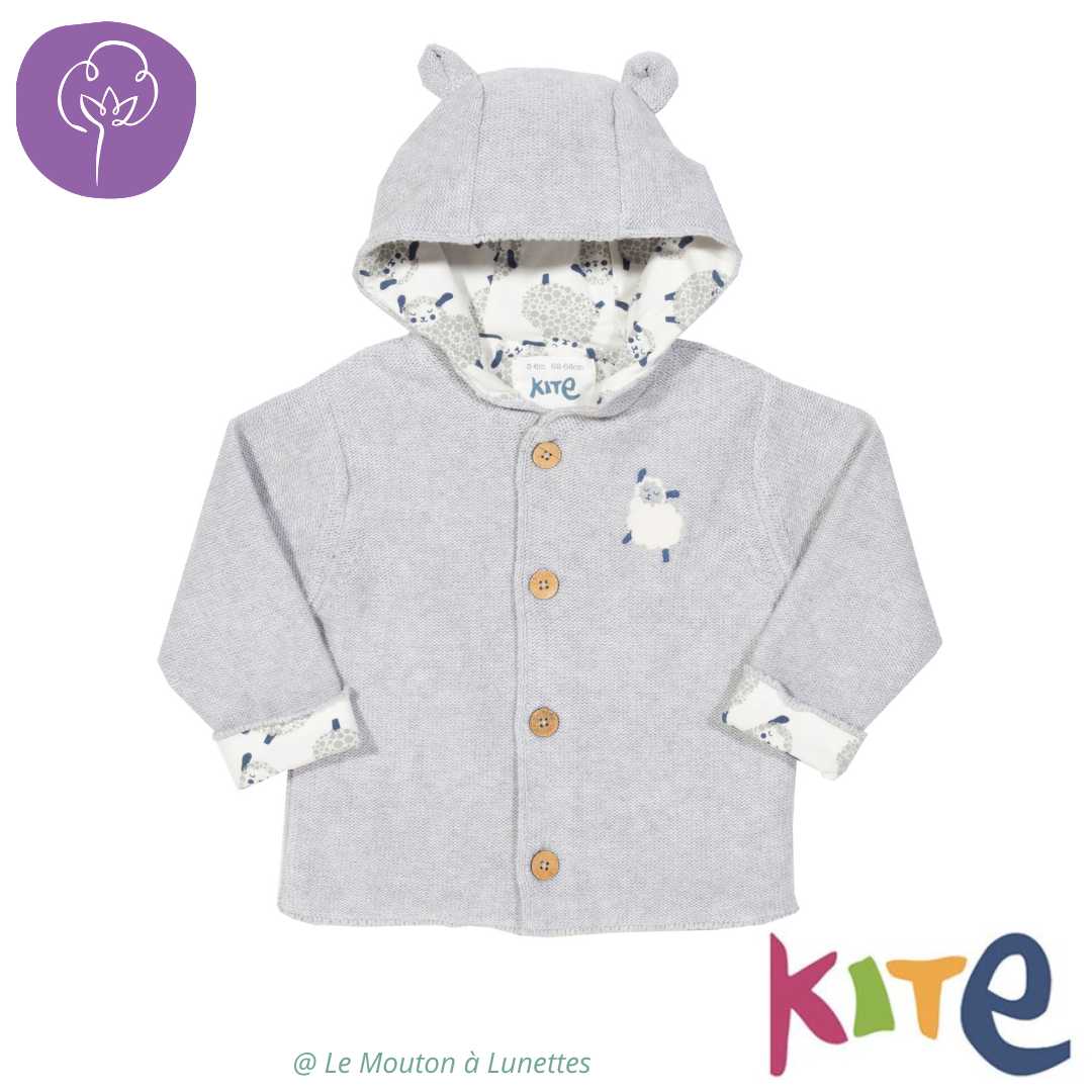 Gilet bébé coton bio avec capuche à oreilles et motif mouton - Kite clothing