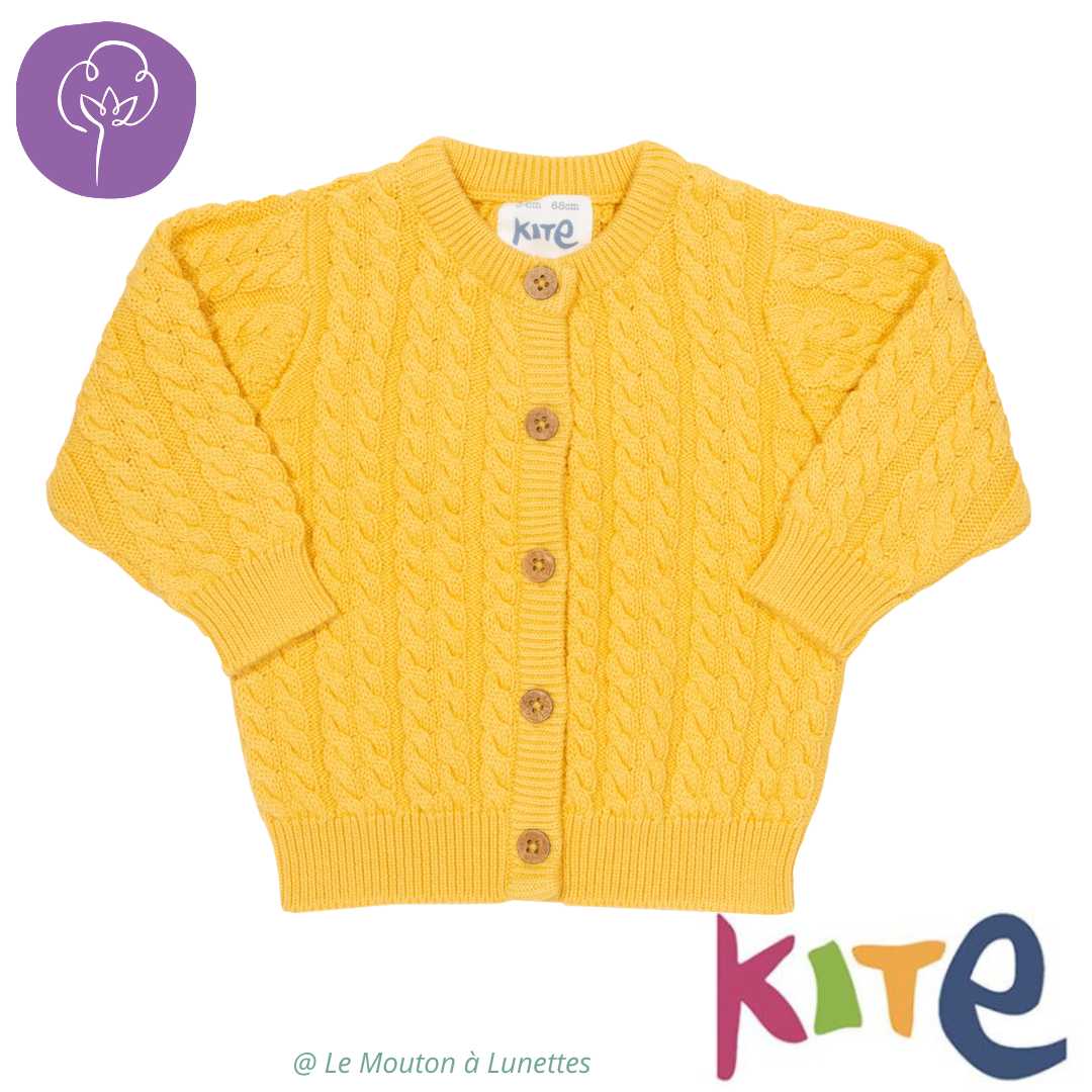 Gilet en coton bio pour enfant Kite clothing tricot torsades jaune soleil mixte