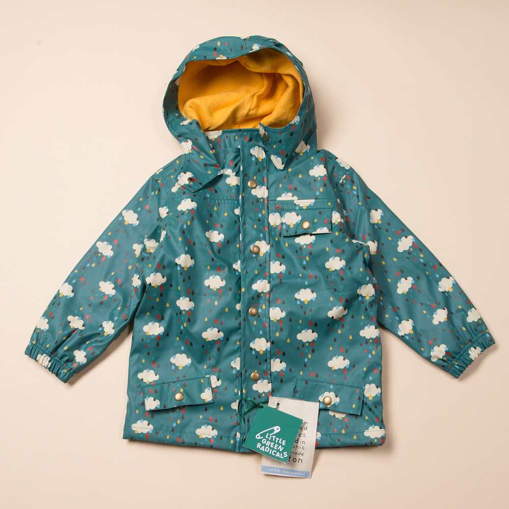 veste de pluie little green radicals veste imperméable recyclée coton bio enfant motif nuages pluie multicolore