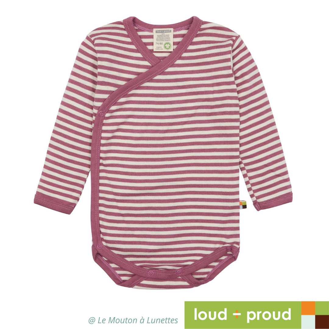 body croisé coton bio naissance bébé loud+proud rayures roses