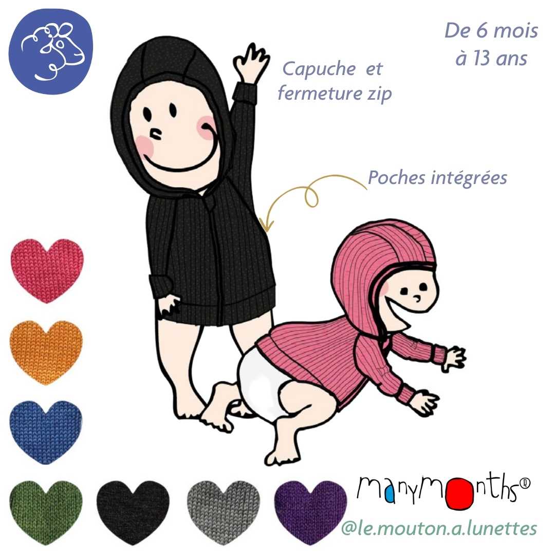 gilet zip et capuche merinos évolutif enfant manymonths laine