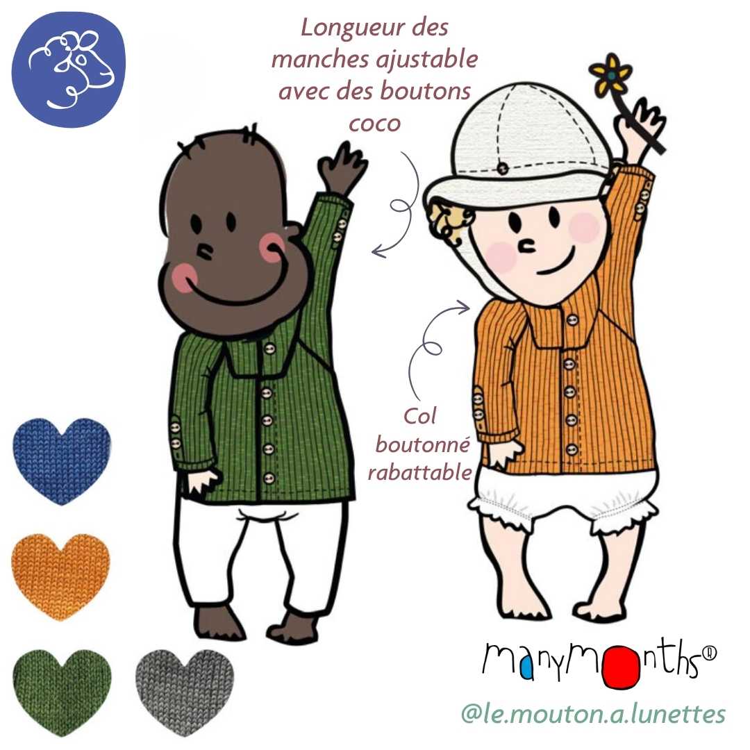 cardigan évolutif manymonths gilet avec col montant en laine mérinos enfant