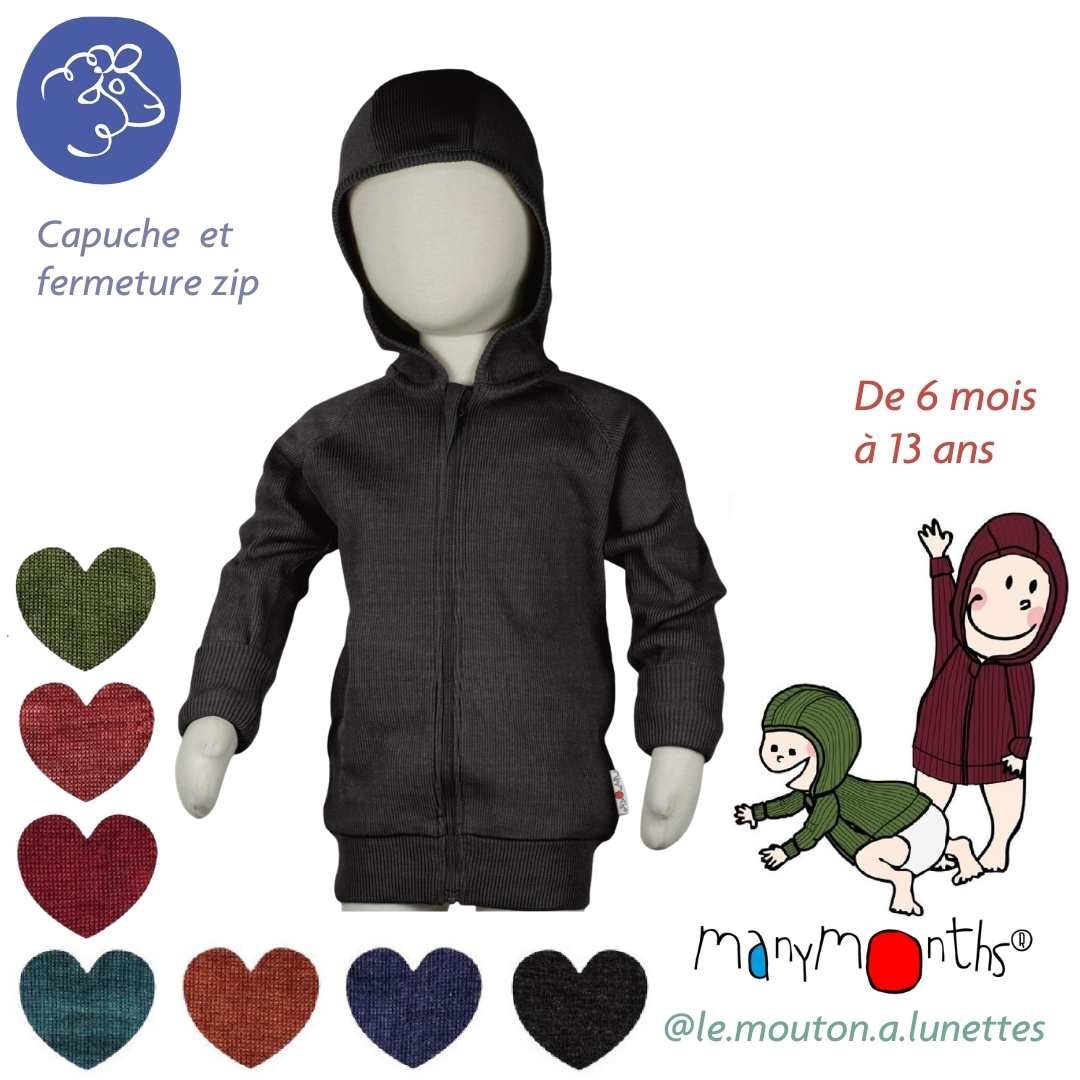 Gilet à zip et capuche en laine mérinos ManyMonths – coloris 2025/26