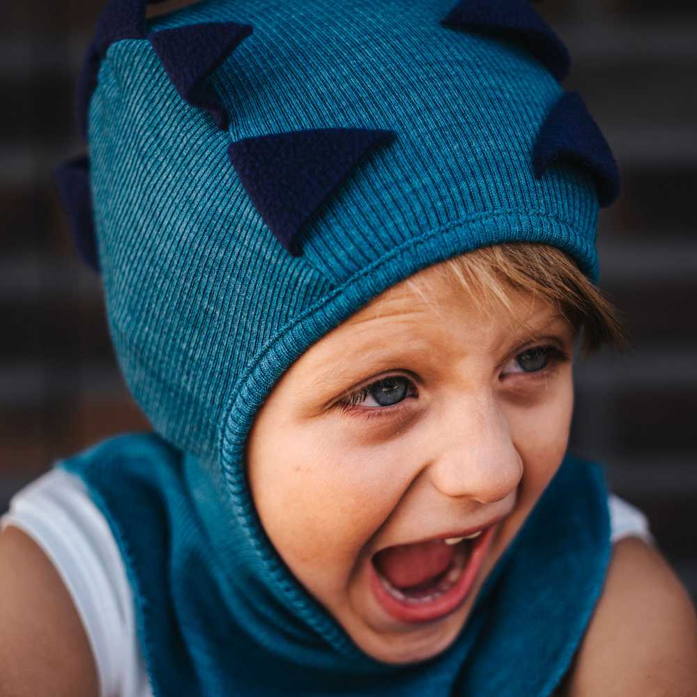 cagoule dino en laine pour enfant manymonths bleu sea grotto