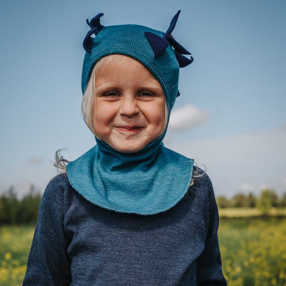 cagoule dino en laine pour enfant manymonths bleu sea grotto