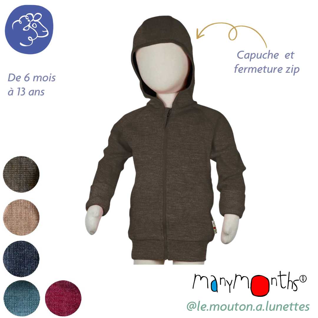 gilet à capuche manymonths hooded zip cardigan enfant laine mérinos
