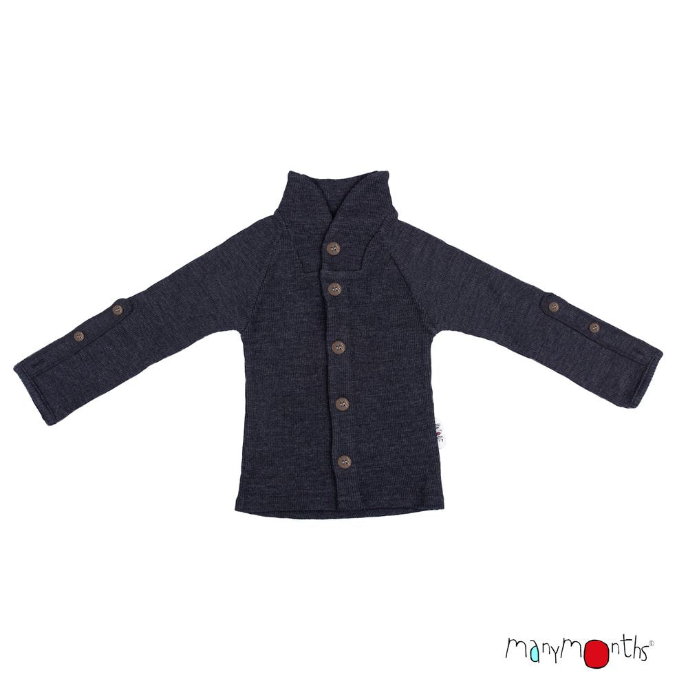 cardigan évolutif manymonths gilet avec col montant en laine mérinos enfant foggy black