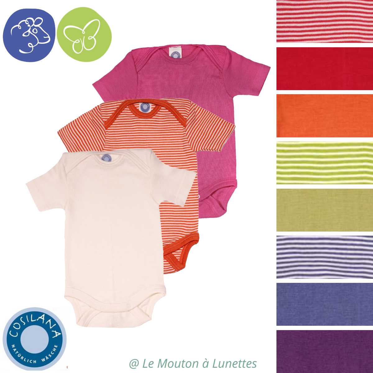 Body bébé Cosilana manches courtes en laine mérinos bio et soie naturelle mixte naturel