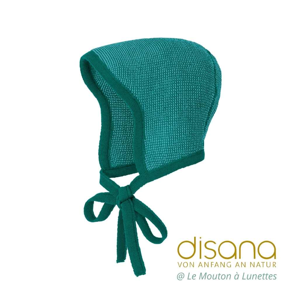 Bonnet bébé disana béguin en tricot de laine mérinos bio nouveau né pacific turquoise