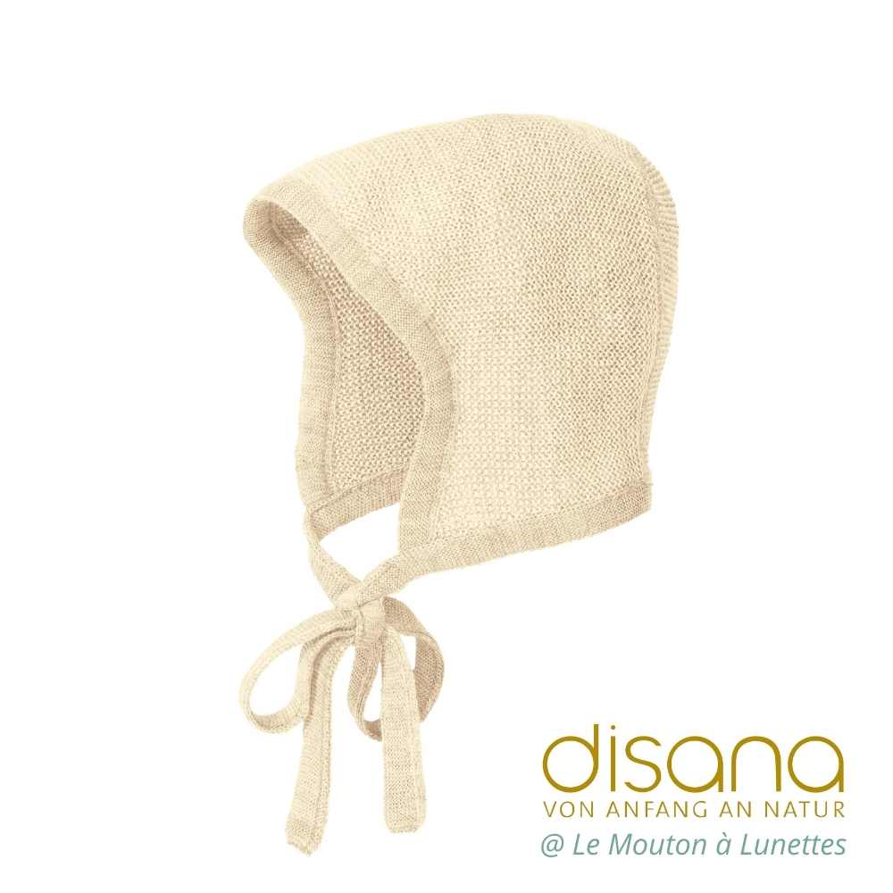 Bonnet bébé disana béguin en tricot de laine mérinos bio nouveau né écru