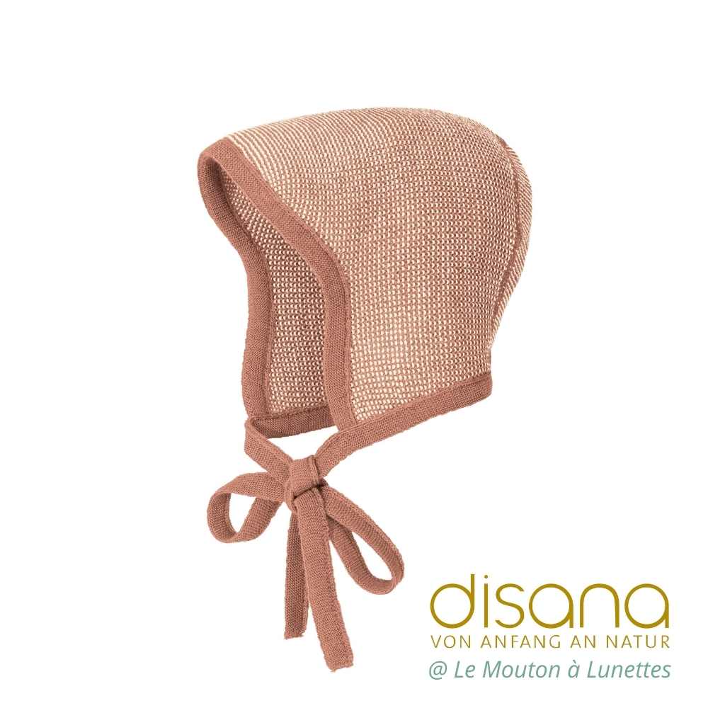Bonnet bébé disana béguin en tricot de laine mérinos bio nouveau né rose