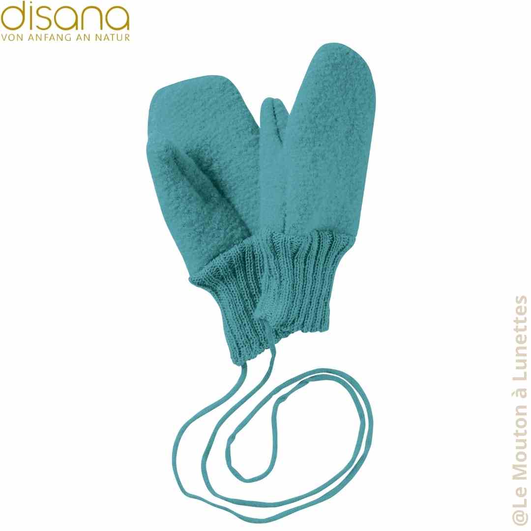 Moufles en laine bouillie turquoise enfant disana