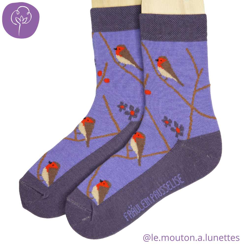 Chaussettes en coton bio "Birdy" lilas - pointures 19 à 42 - Fräulein Prusselise