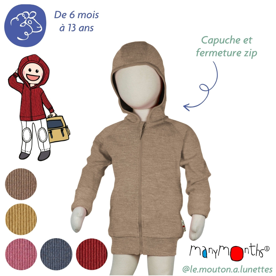 Gilet à zip et capuche en laine mérinos enfant ManyMonths – PREVENTE 2026/27