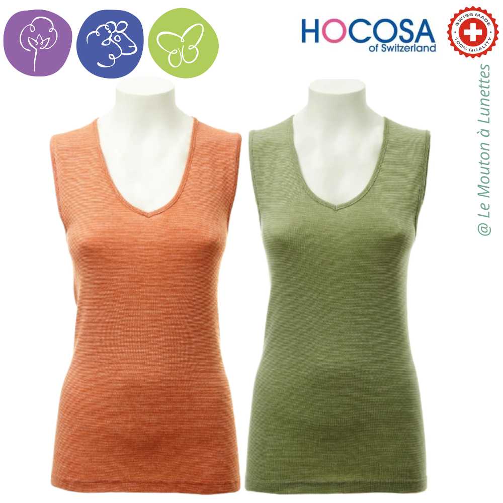 débardeur femme col V en coton laine soie naturel et bio orange et olive chinés HOCOSA Le mouton à Lunettes