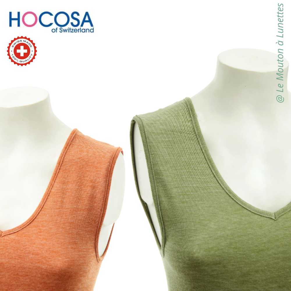 débardeur femme col V en coton laine soie naturel et bio orange et olive chinés HOCOSA Le mouton à Lunettes