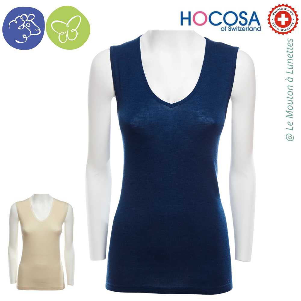 débardeur femme col V en laine merinos bio et soie naturelle bleu marine saphir HOCOSA Le mouton à Lunettes