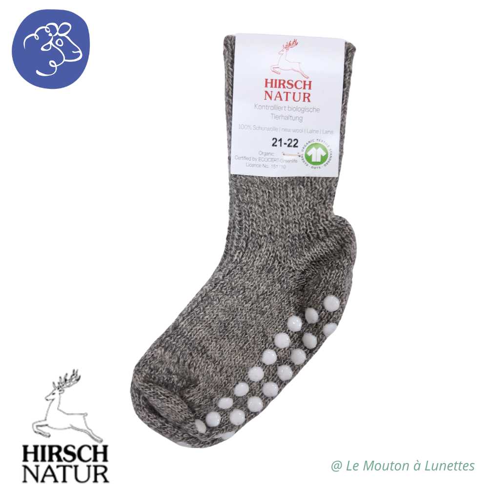 chaussons chaussettes antidérapantes enfant en laine bio hirsch natur gris