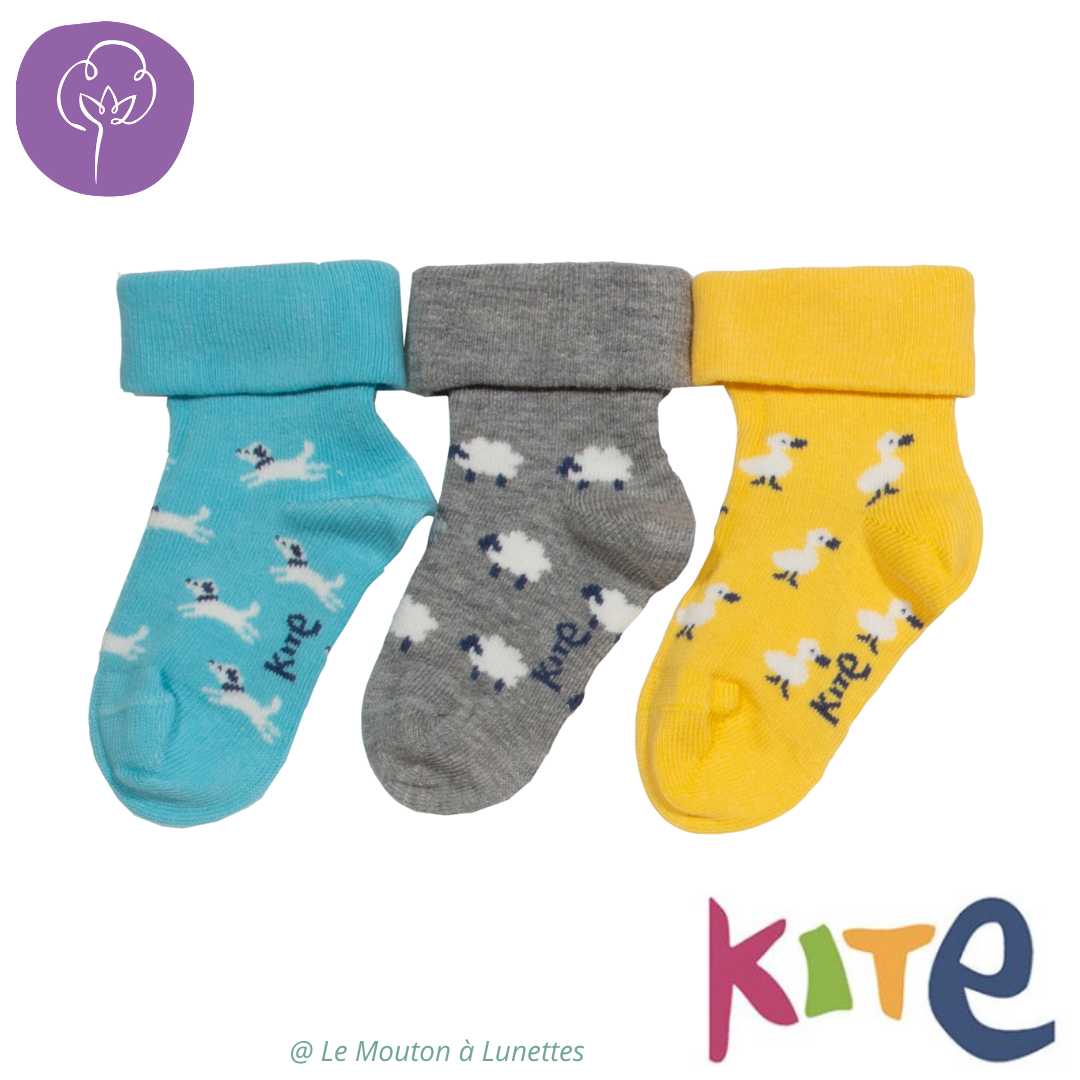 chaussettes bébé coton bio kite clothing lot de 3 animaux de la ferme
