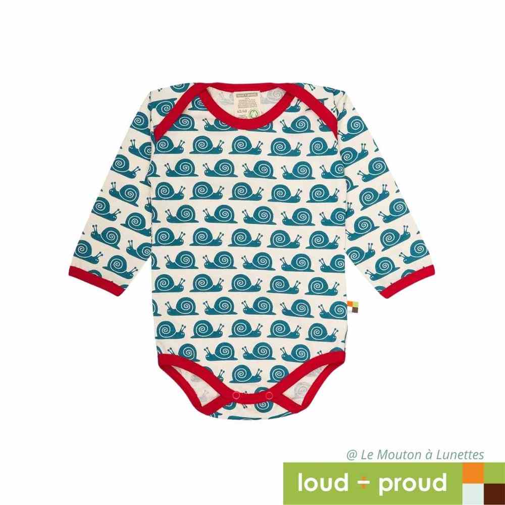 body bébé en coton bio manches longues escargots bleus