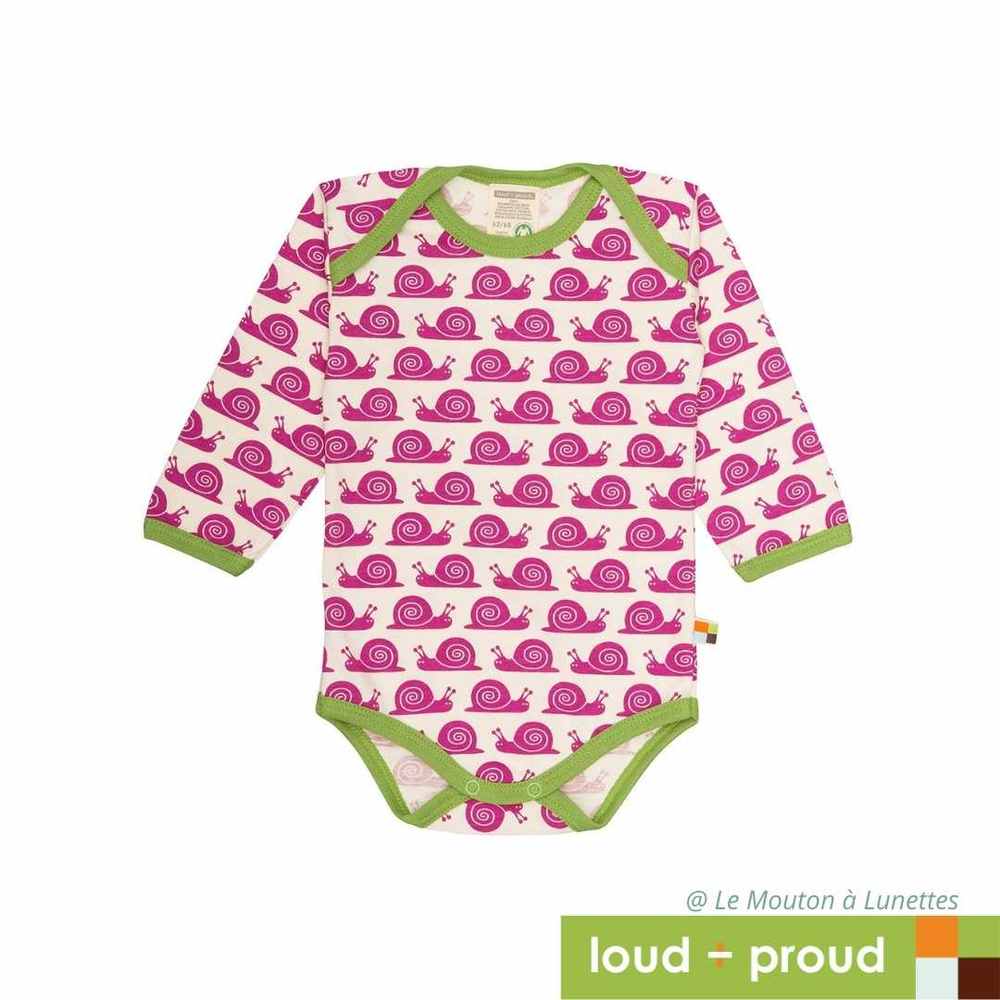 body bébé en coton bio manches longues escargots roses