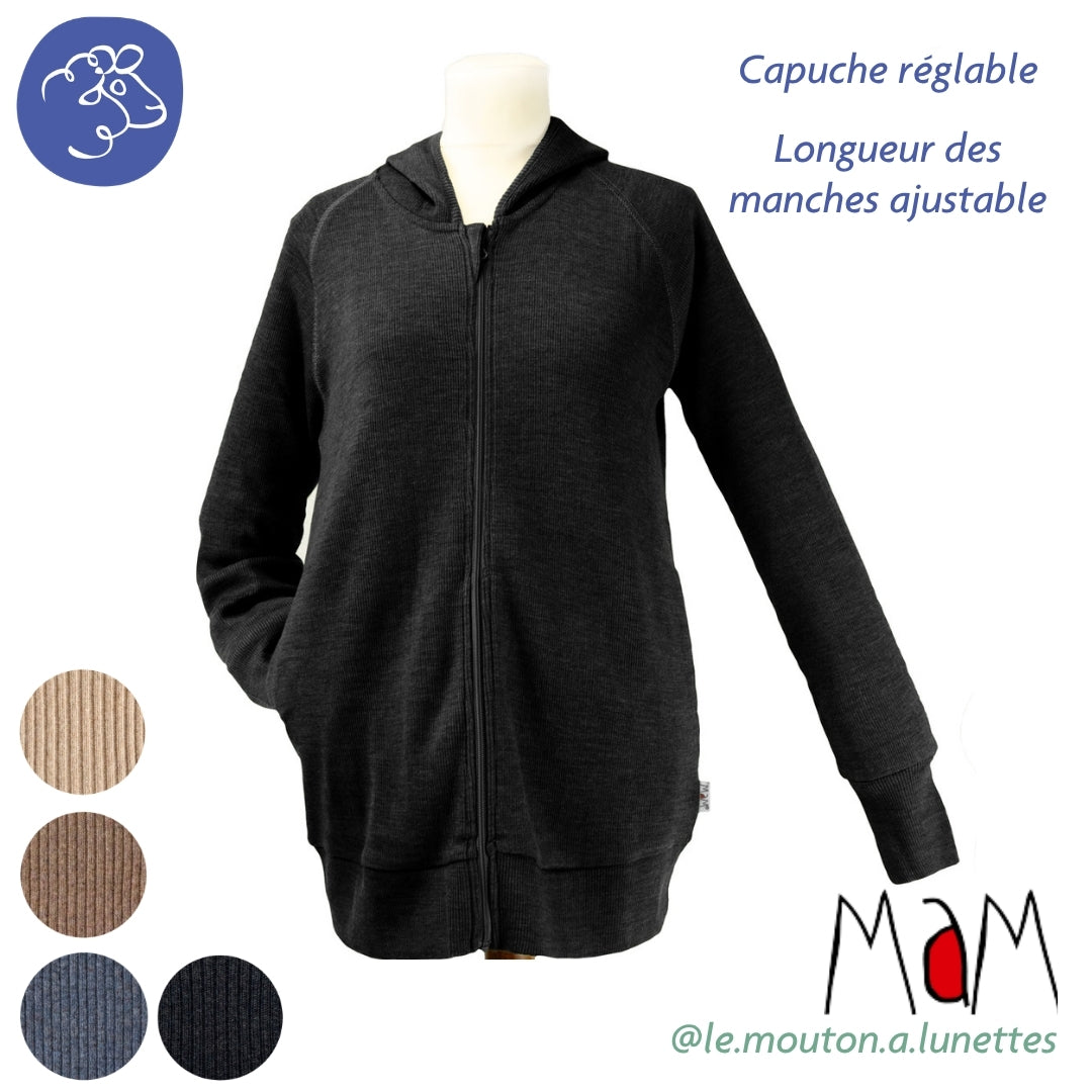 Cardigan zip femme MaM - Veste à capuche en laine mérinos - PRECOMMANDE 2026/27