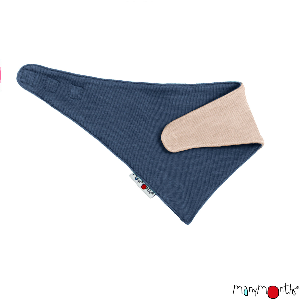 Bandana ManyMonths évolutif et réversible en laine mérinos, coloris bleu Moondust Blue et beige Callisto Moon – collection 2026/2027