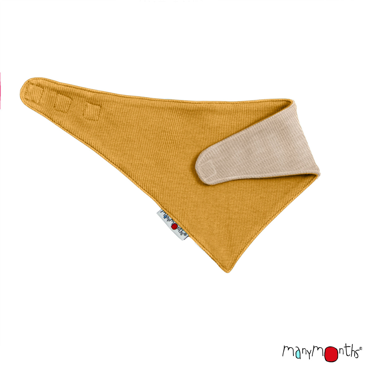 Bandana ManyMonths évolutif et réversible en laine mérinos, coloris jaune Golden Star et écru Toasted Coconut – collection 2026/2027