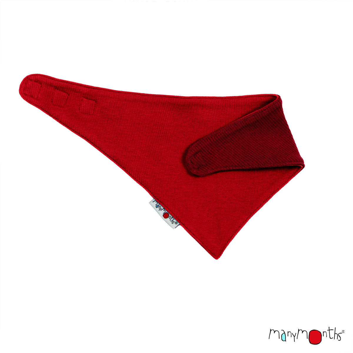 Bandana ManyMonths évolutif et réversible en laine mérinos, coloris rouge Aurora Red et rouge Wild Pomegranate – collection 2026/2027