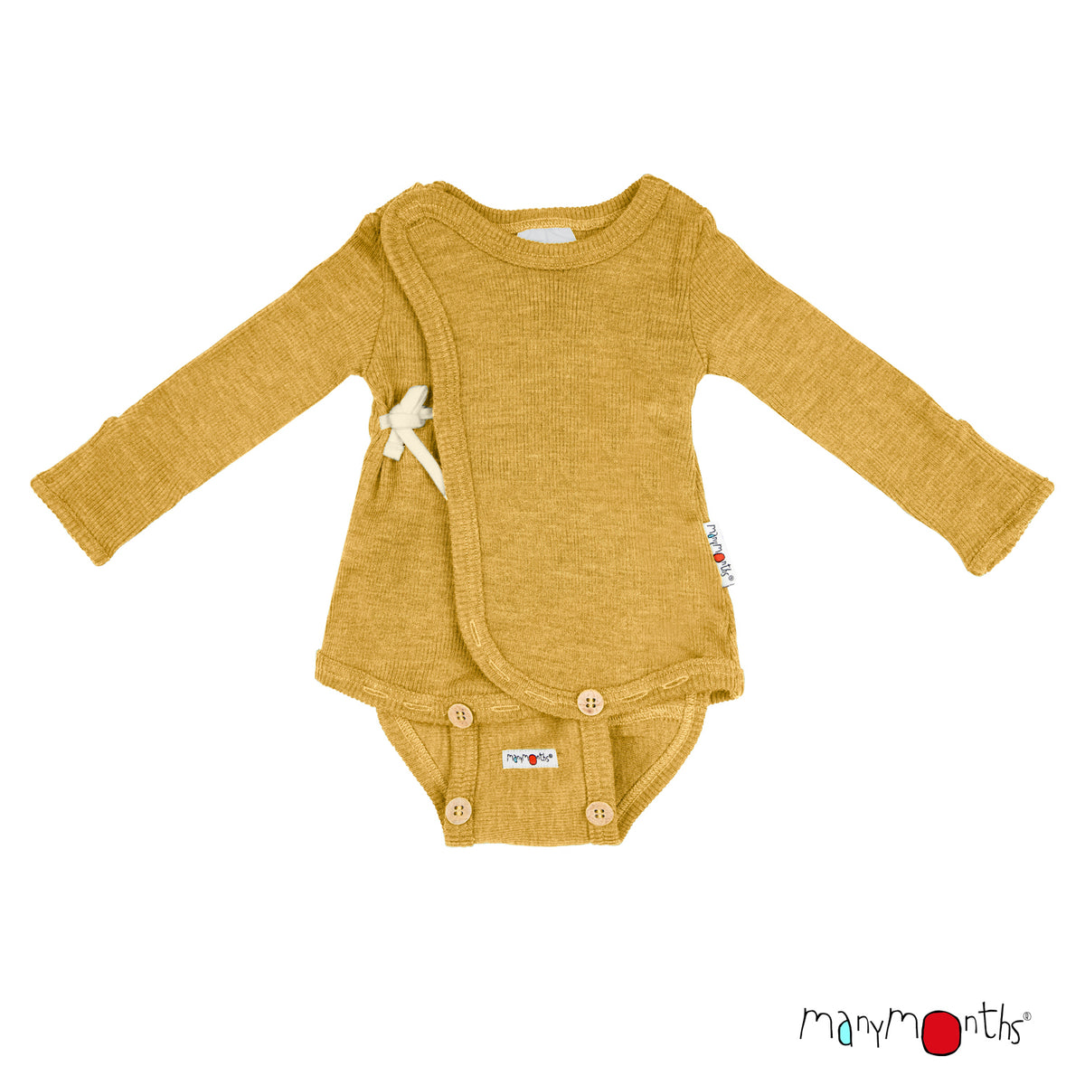 Body kimono en laine mérinos évolutif ManyMonths, coloris jaune Golden Star – collection 2026/2027
