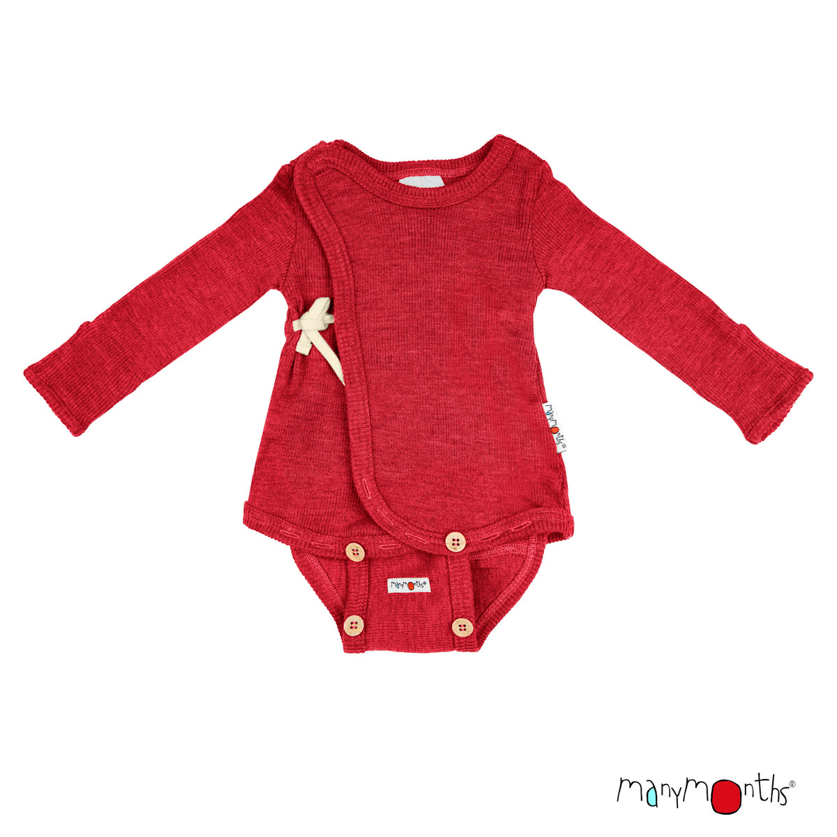 Body kimono en laine mérinos évolutif ManyMonths, coloris rouge Aurora Red – collection 2026/2027