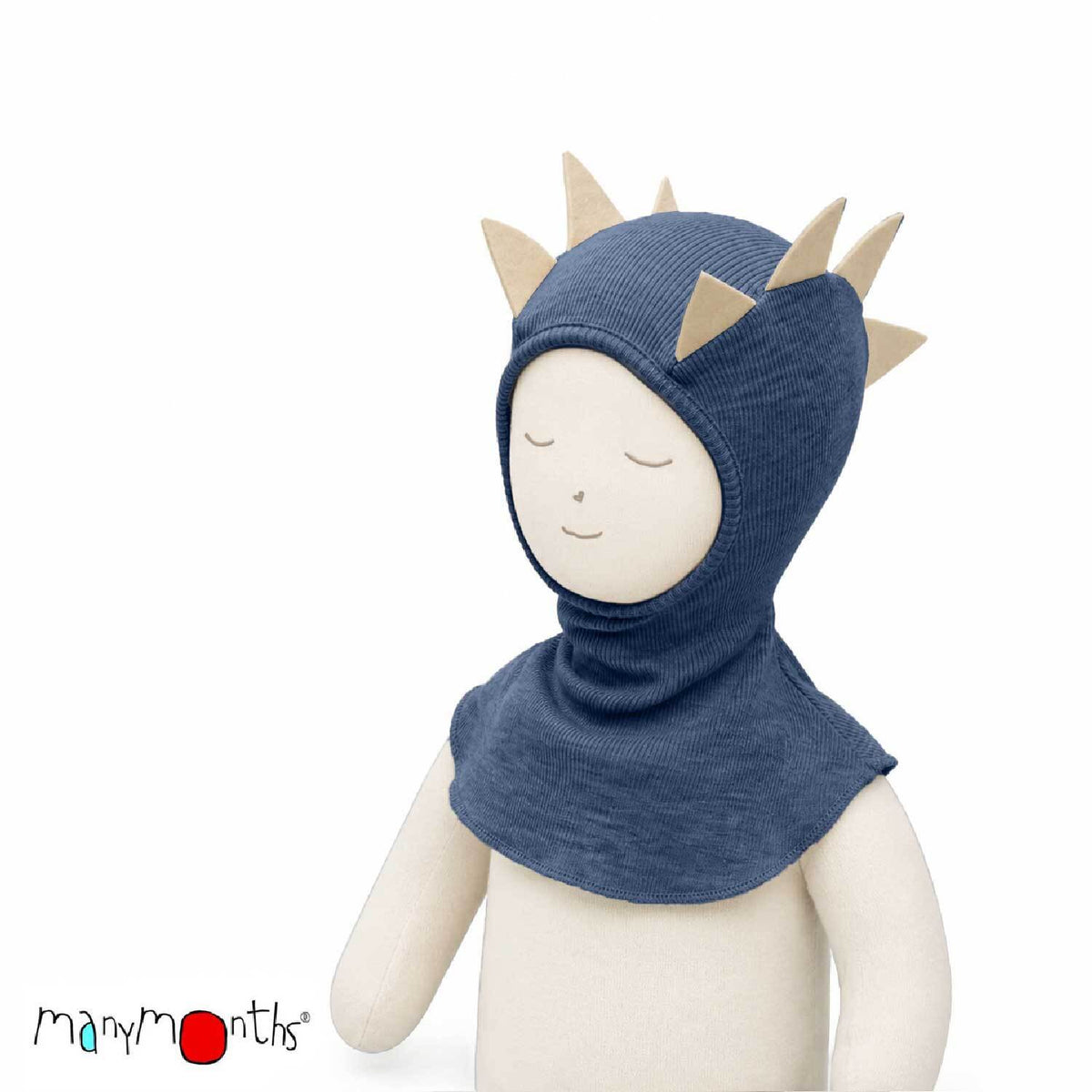 Cagoule Dino ManyMonths en laine mérinos, coloris bleu Moondust Blue – collection 2026/2027
