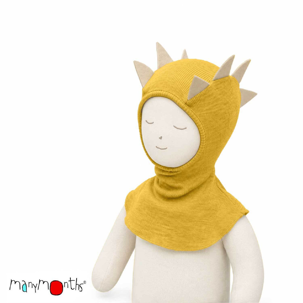 Cagoule Dino ManyMonths en laine mérinos, coloris jaune Golden Star – collection 2026/2027