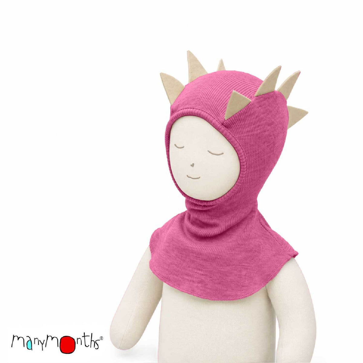 Cagoule Dino ManyMonths en laine mérinos, coloris rose Nebula Pink – collection 2026/2027