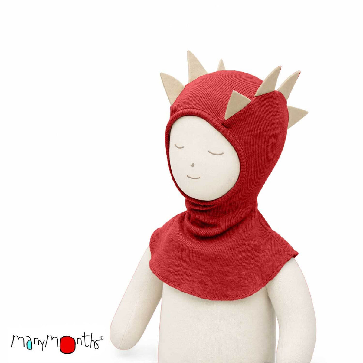 Cagoule Dino ManyMonths en laine mérinos, coloris rouge Aurora Red – collection 2026/2027