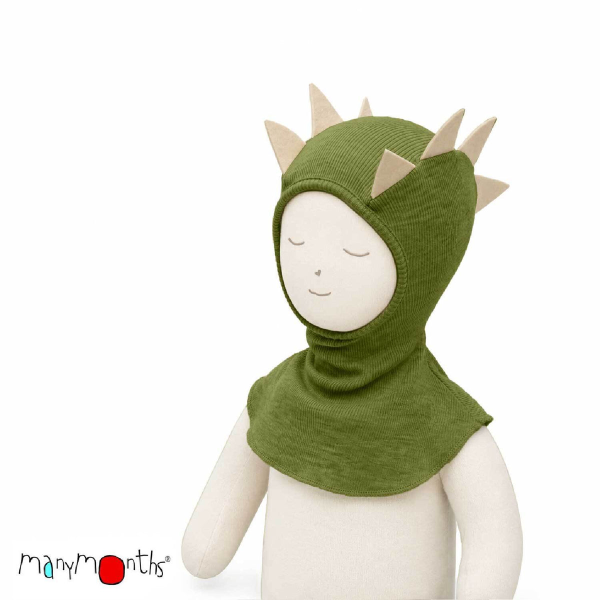 Cagoule Dino ManyMonths en laine mérinos, coloris vert Garden Moss – collection 2026/2027
