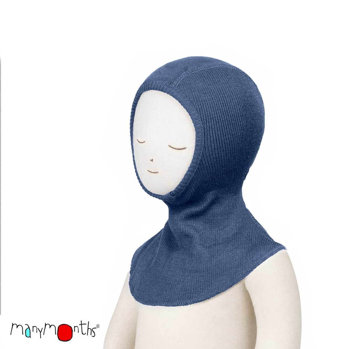 Cagoule ManyMonths en laine mérinos pour enfant et adulte, coloris bleu Moondust Blue – collection 2026/2027