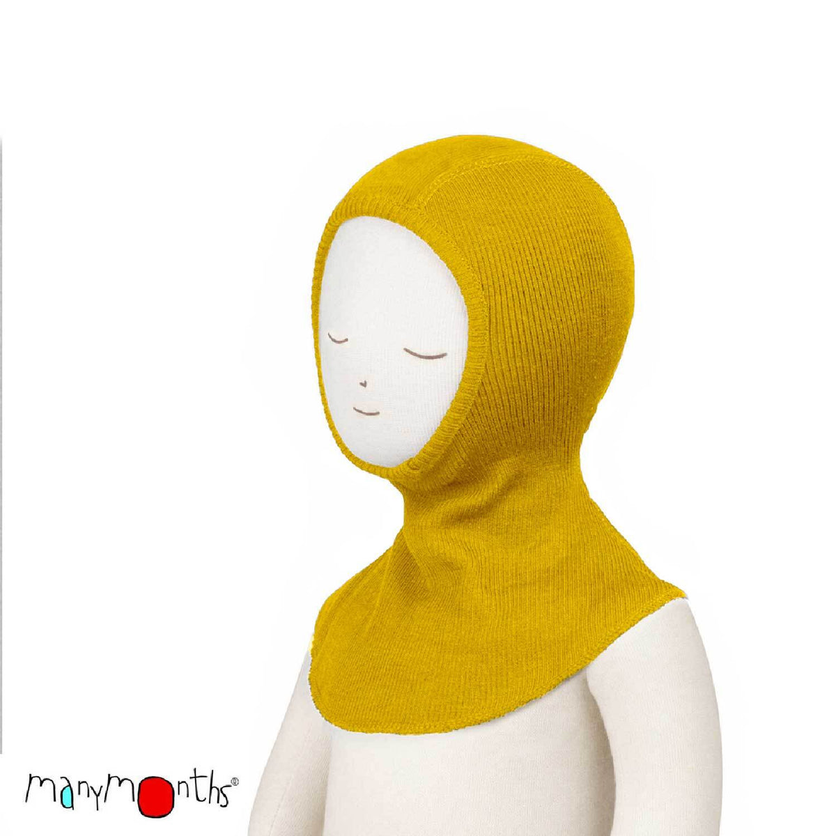 Cagoule ManyMonths en laine mérinos pour enfant et adulte, coloris jaune Golden Star – collection 2026/2027