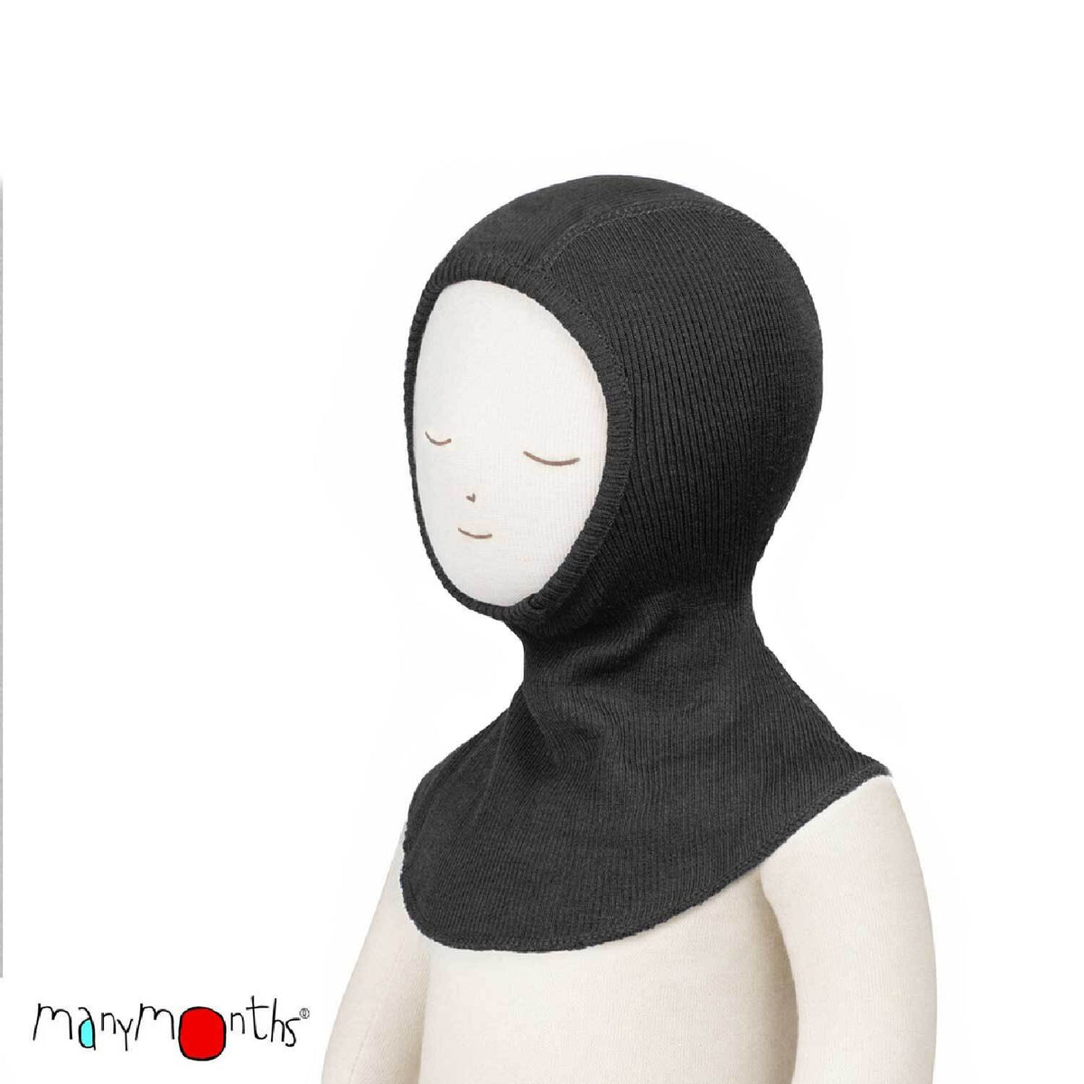 Cagoule ManyMonths en laine mérinos pour enfant et adulte, coloris noir Foggy Black – collection 2026/2027