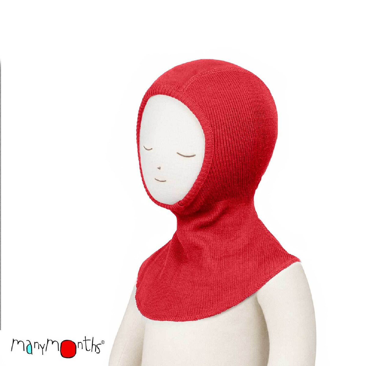 Cagoule ManyMonths en laine mérinos pour enfant et adulte, coloris rouge Aurora Red – collection 2026/2027