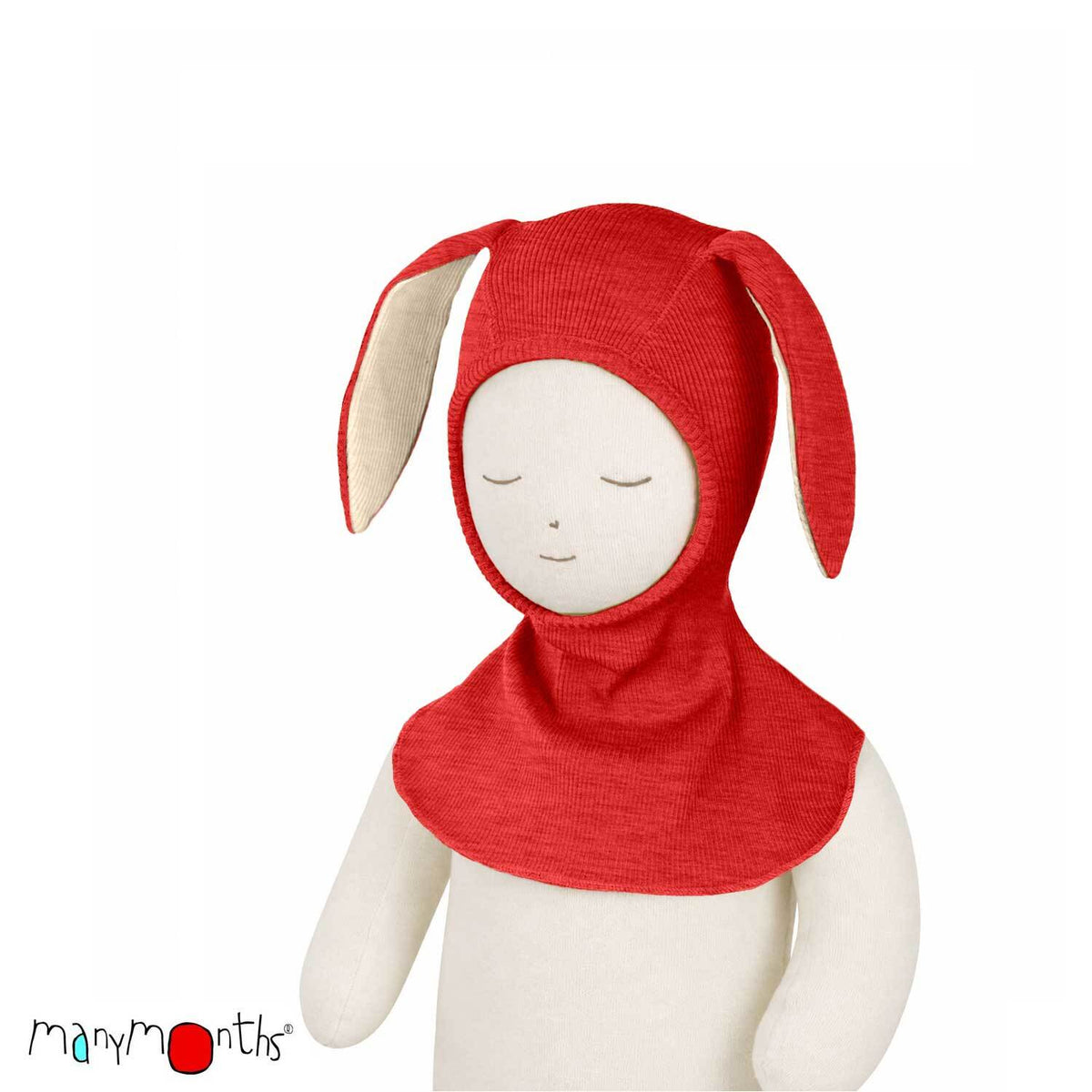 Cagoule lapin ManyMonths en laine mérinos, coloris rouge Aurora Red – collection 2026/2027