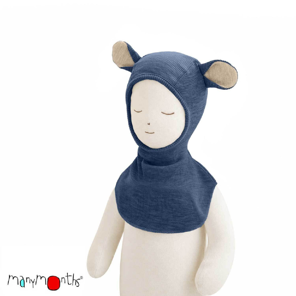 Cagoule ourson ManyMonths "Teddy" en laine mérinos, coloris bleu Moondust Blue – collection 2026/2027