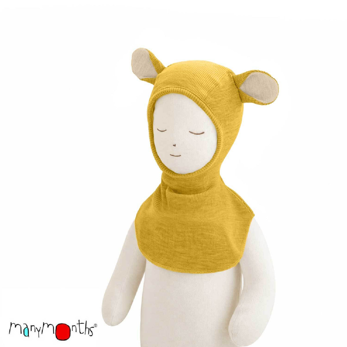 Cagoule ourson ManyMonths "Teddy" en laine mérinos, coloris jaune Golden Star – collection 2026/2027