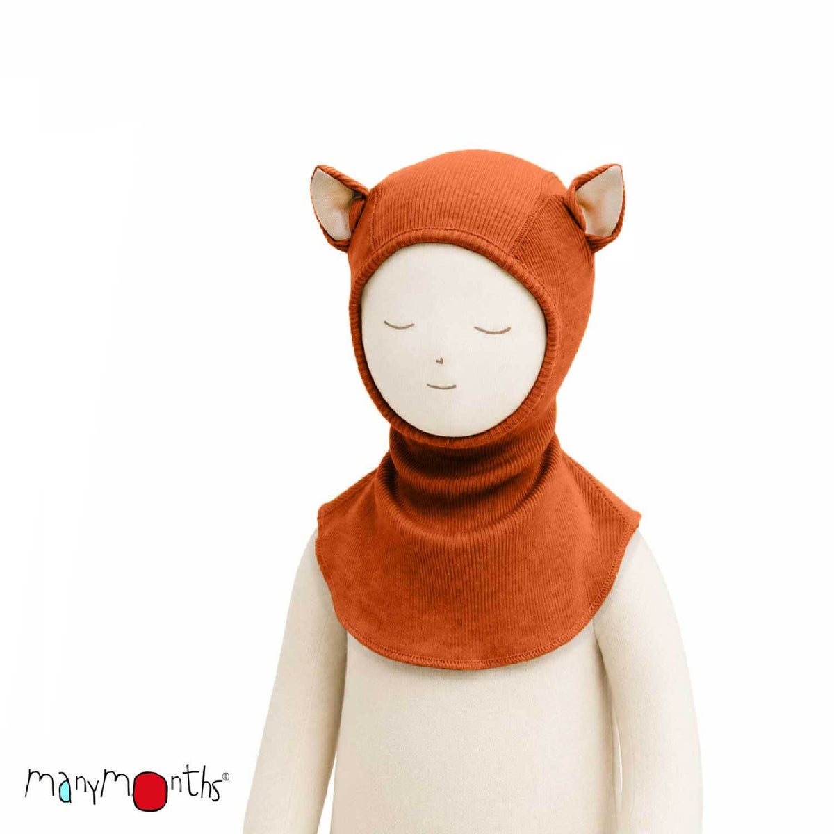 Cagoule Renard évolutive en laine mérinos ManyMonths, coloris ambre Rich Amber – collection 2026/2027