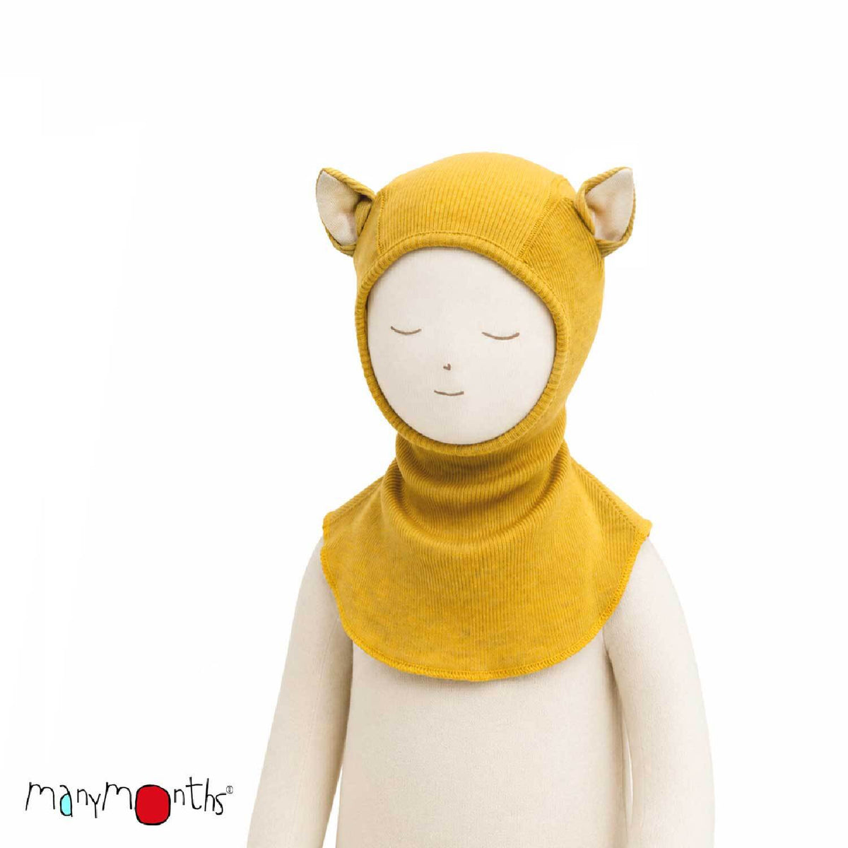 Cagoule Renard évolutive en laine mérinos ManyMonths, coloris jaune Golden Star – collection 2026/2027