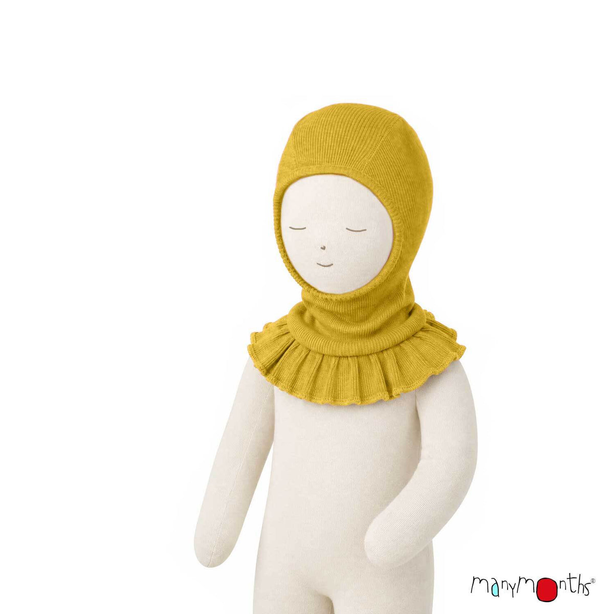 Cagoule Romantique ManyMonths en laine mérinos avec volants, coloris jaune Golden Star – collection 2026/2027