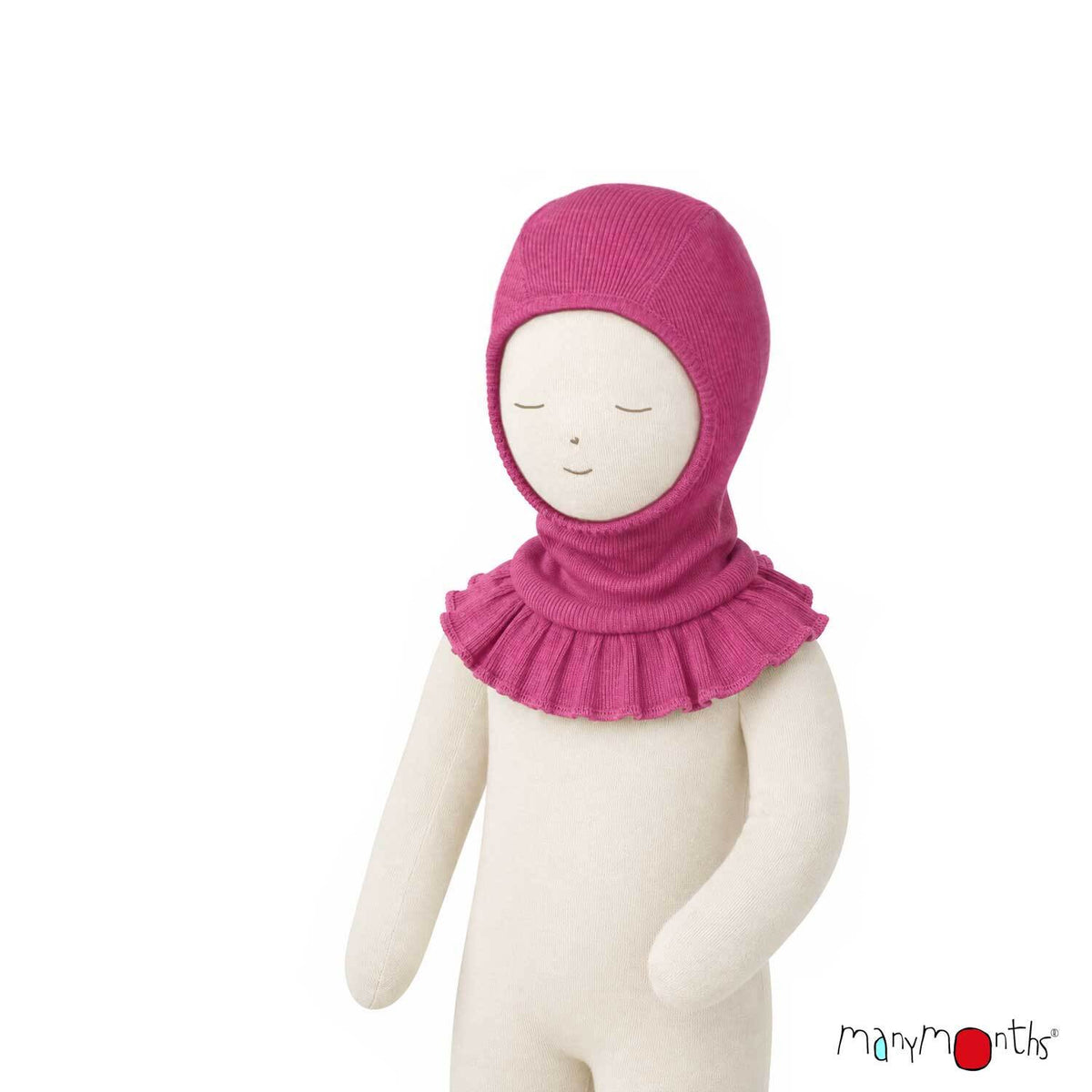 Cagoule Romantique ManyMonths en laine mérinos avec volants, coloris rose Nebula Pink – collection 2026/2027