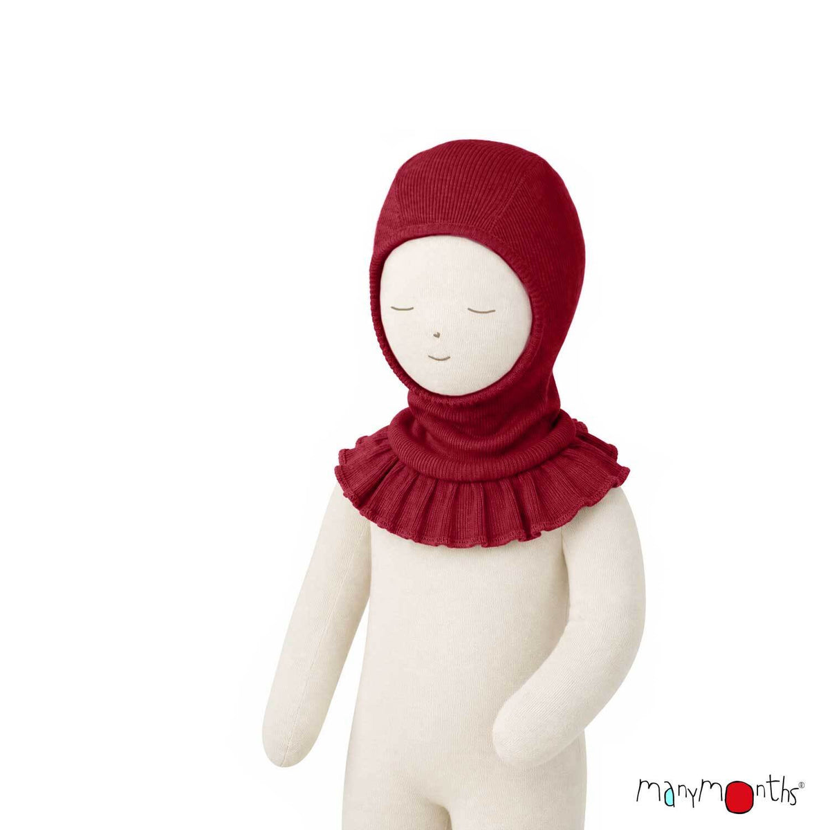 Cagoule Romantique ManyMonths en laine mérinos avec volants, coloris rouge Wild Pomegranate – collection 2026/2027